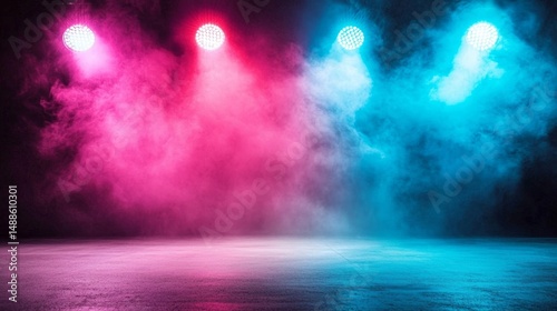 A dramatic scene featuring four spotlights on a concrete floor.