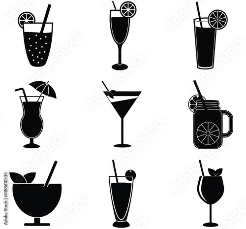 Tropical Drink Series Silhouette Set – Vector Collection of Exotic Summer Beverages with Garnish, Straws, and Cocktail Glasses for Refreshment and Travel-Themed Design