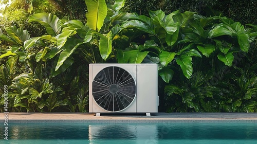 Heat Pump by the Poolside Surrounded by Tropical Plants