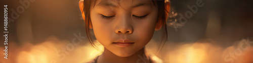 Close up of a asian child meditating, only the face is shown, eyes gently closed, soft golden light  Generative AI	
