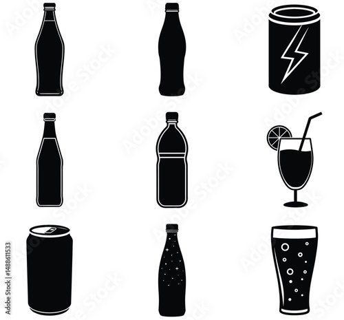 Soft Drinks Bottles Silhouette Set – Vector Illustration of Fizzy Beverage Containers for Refreshment, Packaging, and Drink Design Projects