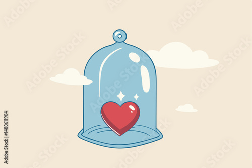 Life insurance family protection, guarding and security cover your love one, protect from illness, health or disease concept, shiny heart shape covered inside strong glass dome.