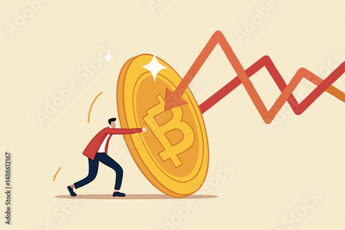 Bitcoin as safe haven of crypto and stock market crash, shield or guard in financial crisis or bubble burst, protect from losing wealth concept, businessman investor hidden behind bitcoin shield.