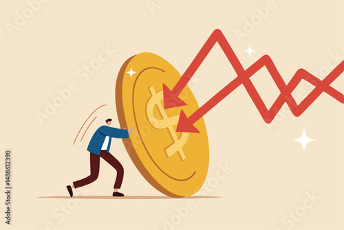 Bitcoin as safe haven of crypto and stock market crash, shield or guard in financial crisis or bubble burst, protect from losing wealth concept, businessman investor hidden behind bitcoin shield.