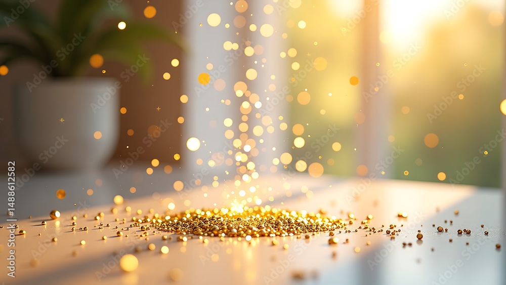 Obraz premium cascade gold glitter confetti swirls around delicate logo center set soft natural light backdrop softly