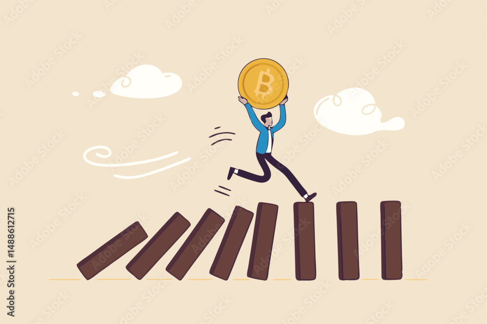 Obraz premium Stop loss or cut loss from Bitcoin and cryptocurrency collapse, trader technical analysis, escape or avoid investment risk, businessman investor carrying bitcoin running away from collapse domino.