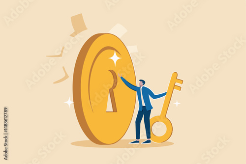 Financial key success, unlock secret reward for investment opportunity, wealth solution to make money and gain profit concept, smart businessman investor holding huge golden key to unlock coin keyhole