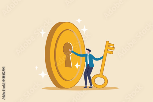 Financial key success, unlock secret reward for investment opportunity, wealth solution to make money and gain profit concept, smart businessman investor holding huge golden key to unlock coin keyhole