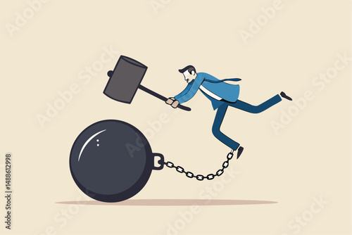 Break free or breaking bad habits or routines for freedom, pay off debt, destroy shackle or anxiety burden, escape and liberation concept, confidence businessman use hammer to break heavy chain burden