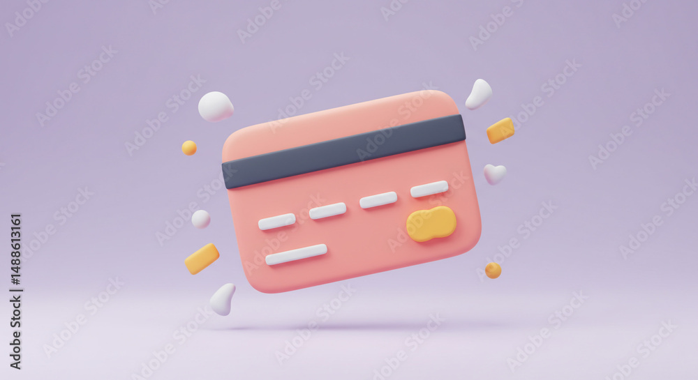 A pink credit card floating with white and yellow shapes on a light purple background render style A pink credit card floating with white and yellow shapes on a light purple background render style
