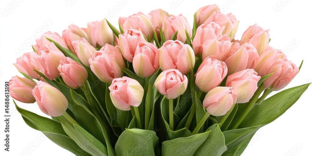 Obraz premium Pink Tulip Bouquet: A delightful bunch of pale pink tulips, showcasing their delicate petals and vibrant green stems. The soft color palette creates a serene and romantic atmosphere.