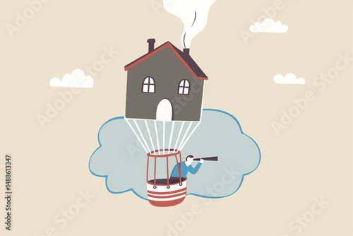 Finding new home or moving to new house, search or discover real estate or property profit, visionary or idea for buy, rent or mortgage loan, smart businessman flying on house balloon to see vision.