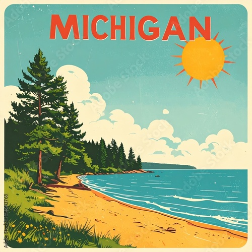 Retro michigan poster with vibrant beach, sun, trees, and water scene
