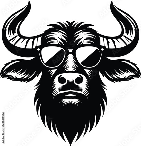 Cool Cattle Wearing Sunglasses Black Silhouette Logo SVG Vector, Buffalo Icon Illustration

