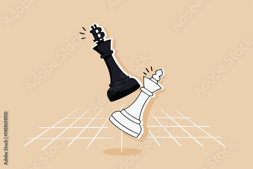 Winning Bitcoin trading strategy, make profit from crypto currency or decentralized finance defeat traditional banking concept, winning black Bitcoin king chess defeat traditional white one.