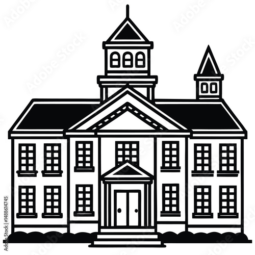 Black and white illustration of a classic building architecture suitable for education and institutions