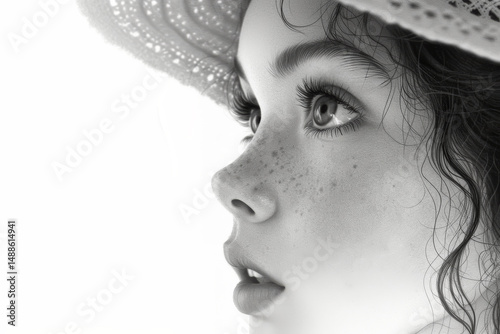 Close-up black and white portrait of a young girl in a lace hat, looking up with a dreamy gaze.