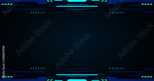 Futuristic digital frame HUD design with cyber blue glowing lights and blank dark space