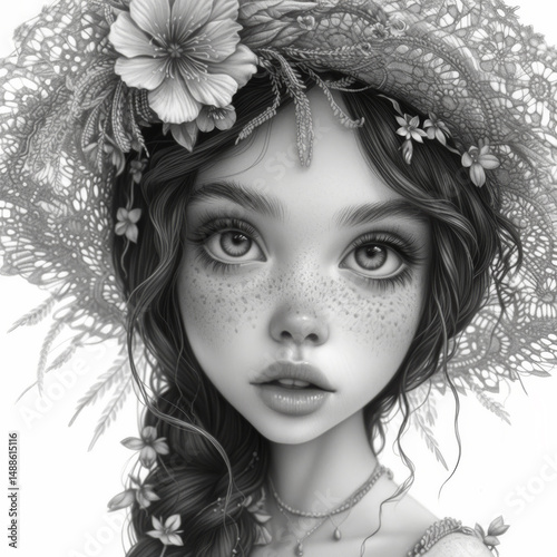  Detailed black and white portrait of a young girl with big eyes, freckles, and in a lace hat decorated with flowers
