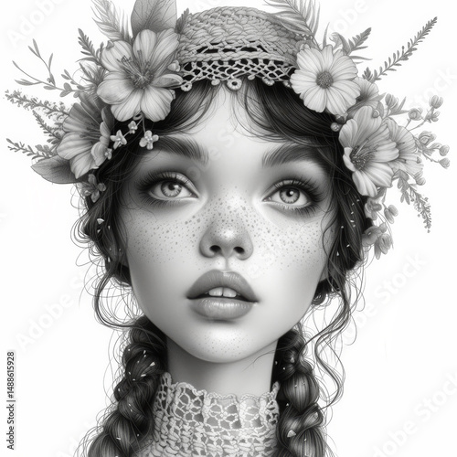 Detailed black and white portrait of a young girl with freckles and in a floral wreath with lace.