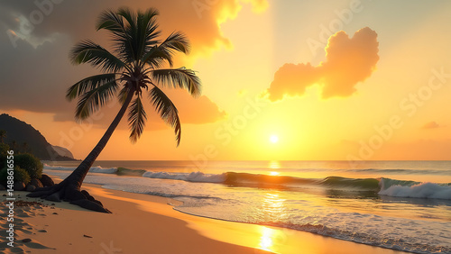 lone coconut tree stands warm golden sunset backdrop gentle sea waves lapping sandy shore perfect
