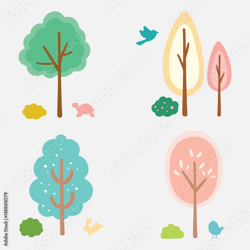 Cute vector illustration set of whimsical trees, bushes, and small animals. Doodle of tree, grass, bush hand draw style vector for nursery, children, book, asset, graphic element, decoration