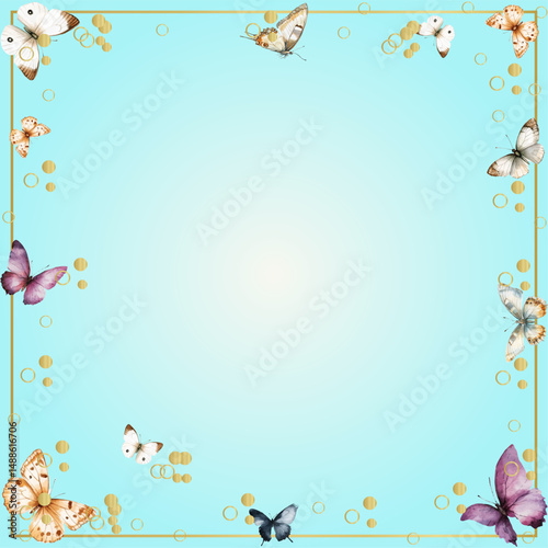 background with watercolor butterflies, gold frame, gold balls, decor, butterflies, moths, text field, background for instagram