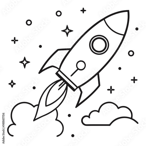 Space Rocket Blasting Off into a Starry Sky Icon in Outline Style