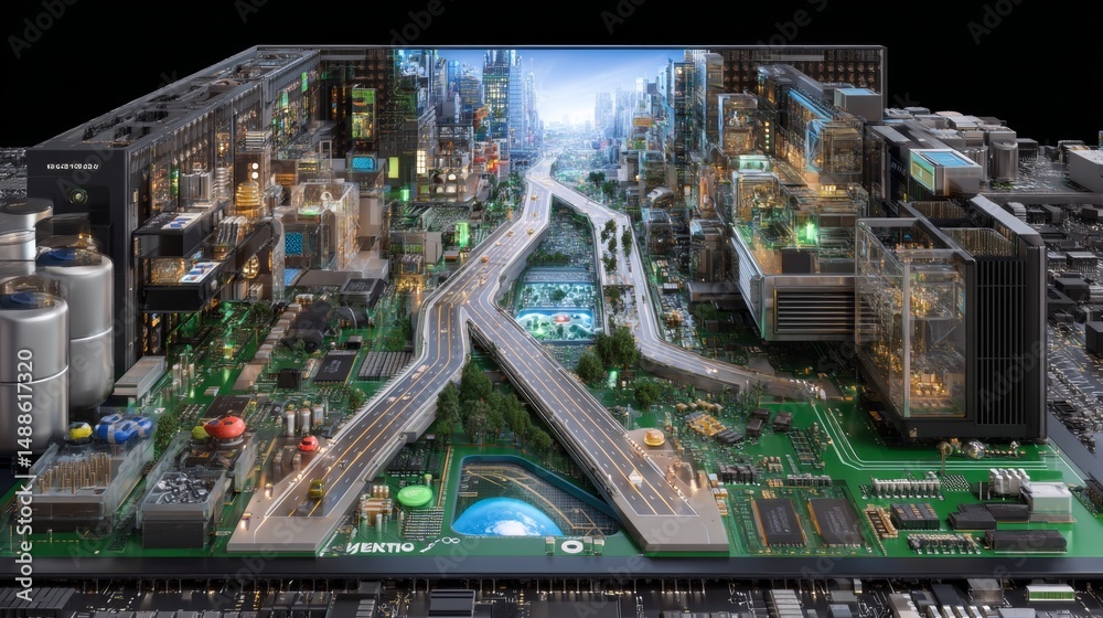 Obraz premium Futuristic cityscape embedded in cutaway computer system unit for technology and innovation concepts