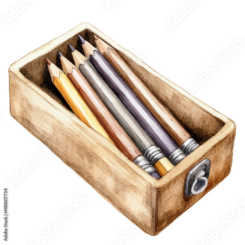 Wooden Pencil Case With A Sharpener, watercolor vector, high quality, isolated on a white background.
