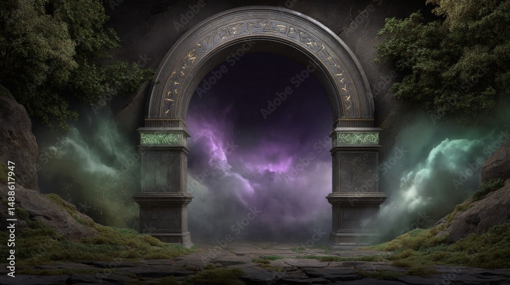 Fototapeta premium Mysterious ancient rune archway in dark fantasy setting for enchanting designs