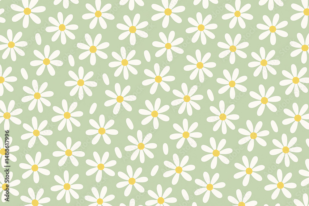 Delicate Floral Pattern with White Daisies on a Soft Green Background. This repetitive design evokes a feeling of freshness and nature, perfect for spring, summer, or themes related to delicacy and li Delicate Floral Pattern with White Daisies on a Soft Green Background. This repetitive design evokes a feeling of freshness and nature, perfect for spring, summer, or themes related to delicacy and li