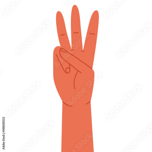 Human hand showing  number three with three fingers raised. Finger-counting. Math and education. Sign language or counting concept. Vector illustration in cartoon style. Isolated on white