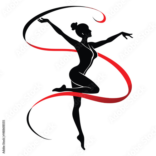Graceful silhouette of a rhythmic gymnast performing with flowing red ribbon