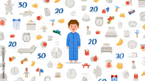 Boy in Pajamas Surrounded by Sleep Icons
