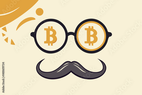 Bitcoin whale or anonymous who rich with bitcoin crypto trading, cryptocurrency guru or success investor with no identity concept, fancy nerd eyeglasses with precious Bitcoin symbol and mustache.