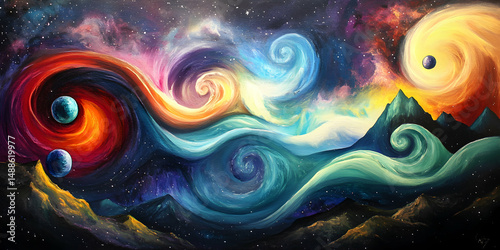 Cosmic Swirls and Celestial Bodies in Vibrant Universe Landscape