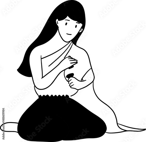 A Thai traditional woman playing small cymbals illustration
