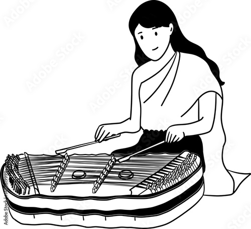 A Thai traditional woman playing khim or Thai zither illustration