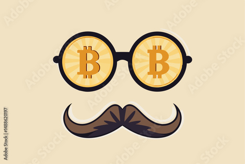 Bitcoin whale or anonymous who rich with bitcoin crypto trading, cryptocurrency guru or success investor with no identity concept, fancy nerd eyeglasses with precious Bitcoin symbol and mustache.