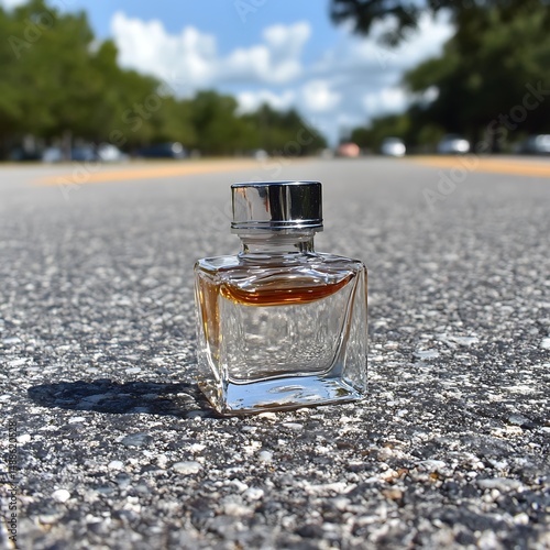 Aromatic essence in a glass flask, a scent of journey and asphalt background