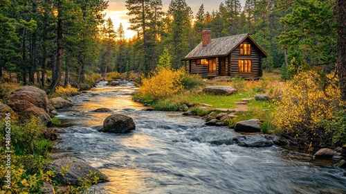 Tranquil cabin nestled beside a flowing stream in a forest at sunset