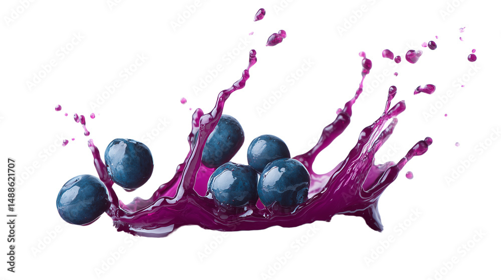 Blueberries in purple juice splash isolated on white