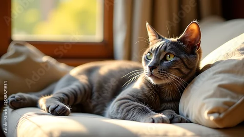 Fototapeta sleek grey feline stretches languidly across worn beige cushions piercing green eyes gazing lazily warm golden light sunny