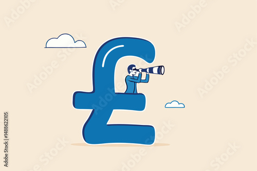 UK, United Kingdom economy forecast, financial or business visionary, England investment profit opportunity concept, businessman hiding behind large UK currency pound using binoculars to see future.