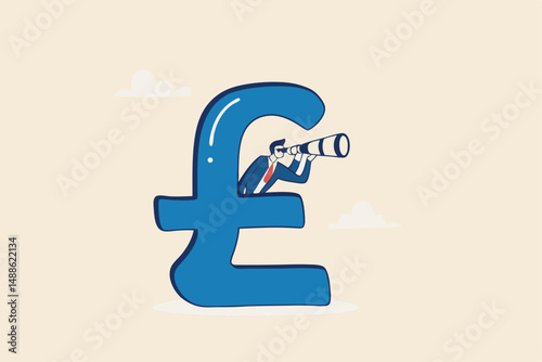 UK, United Kingdom economy forecast, financial or business visionary, England investment profit opportunity concept, businessman hiding behind large UK currency pound using binoculars to see future.