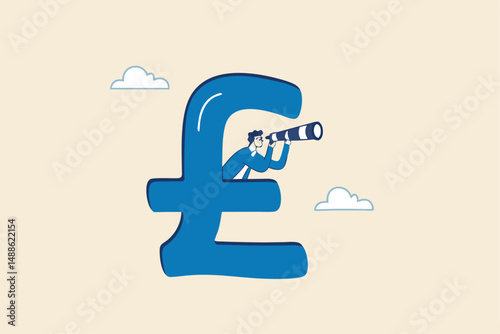 UK, United Kingdom economy forecast, financial or business visionary, England investment profit opportunity concept, businessman hiding behind large UK currency pound using binoculars to see future.
