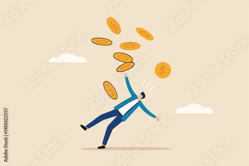 Financial mistake losing money, investment risk or trading failure, debt and loan, cost and expense problem concept, clumsy businessman investor fall on slippery floor losing all money dollar coins.