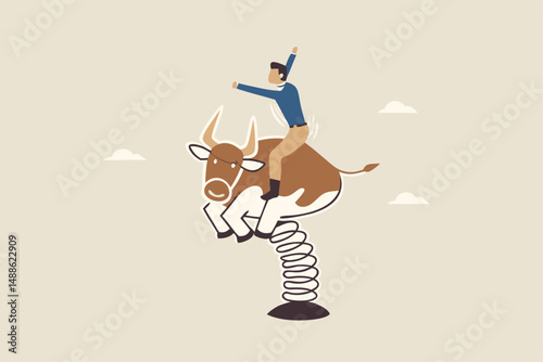 Success investor riding bull market, control risk and balance to success in stock market, challenge or uncertainty concept, confidence businessman investor riding and balance himself on rodeo bull.