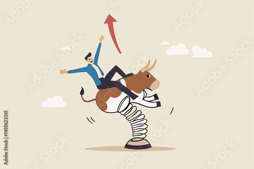 Success investor riding bull market, control risk and balance to success in stock market, challenge or uncertainty concept, confidence businessman investor riding and balance himself on rodeo bull.